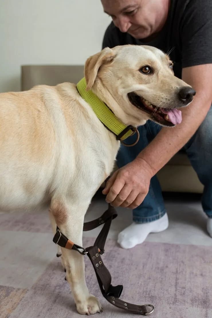 A man fastening a supportive harness on his Labrador.