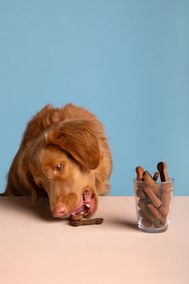A dog nosing at chew sticks spilling from a glass.