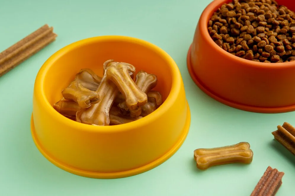 Bone-shaped dog chews in a yellow bowl beside a bowl of kibble.