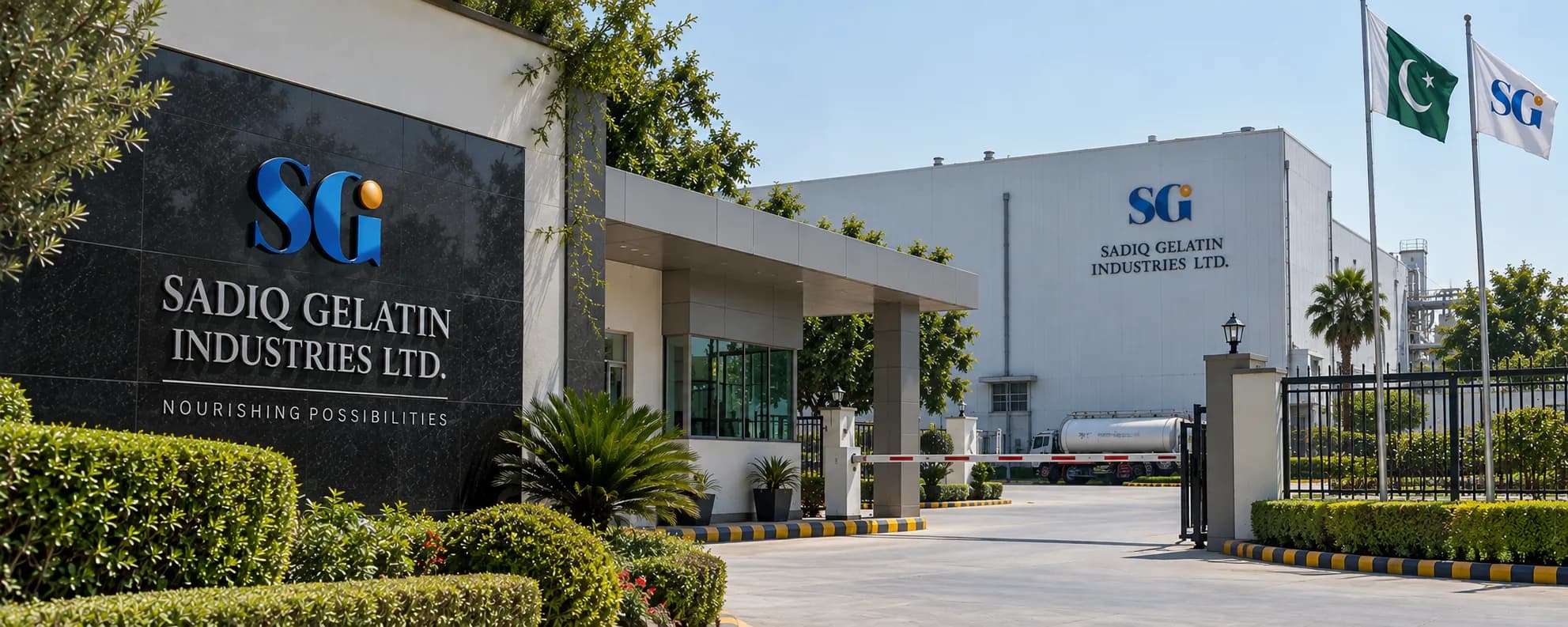 The entrance to Sadiq Gelatin Industries Ltd. — the granite name sign at the gate, the gatehouse and barrier, and the production hall behind with the Pakistan and company flags.