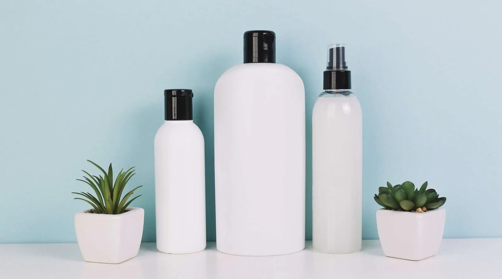 Plain white cosmetic bottles and small potted succulents on a pale-blue shelf.