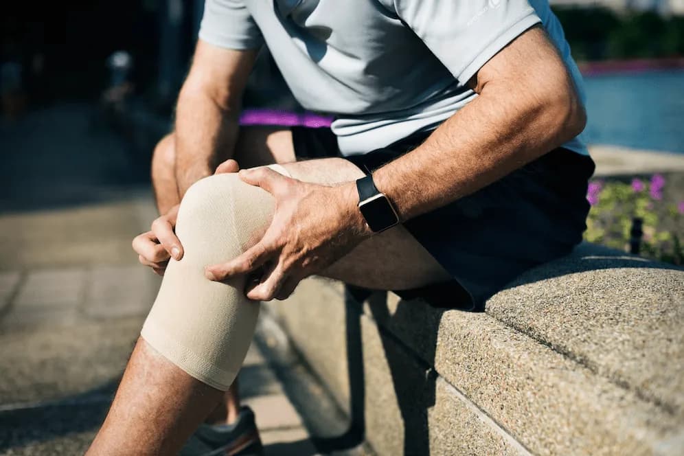 A runner sitting on a wall, holding a knee wrapped in a support bandage.