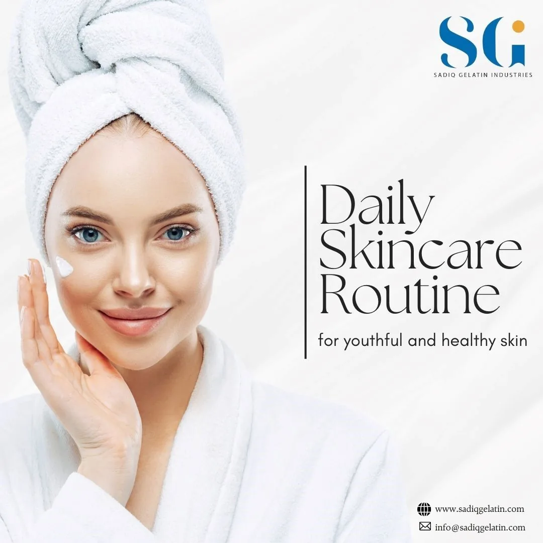 Sadiq Gelatin graphic, 'Daily Skincare Routine — for youthful and healthy skin', with a woman applying face cream.