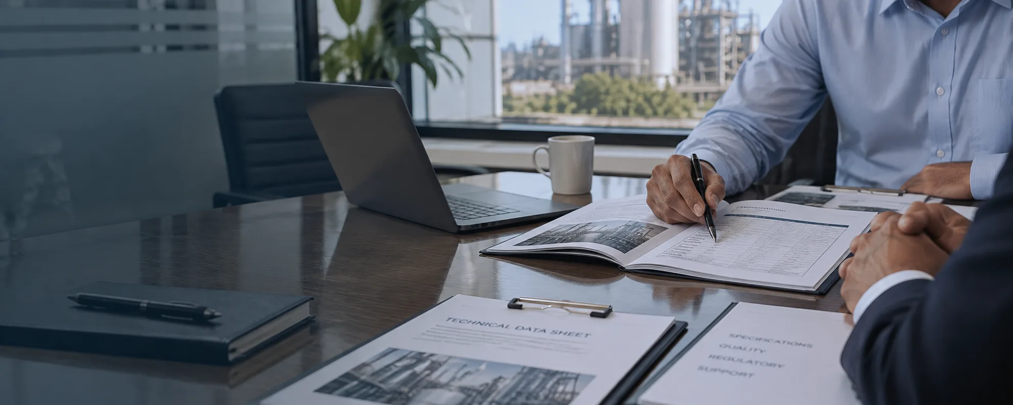Two people at a meeting-room table reviewing a technical data sheet and specification documents, with a processing plant visible through the window.