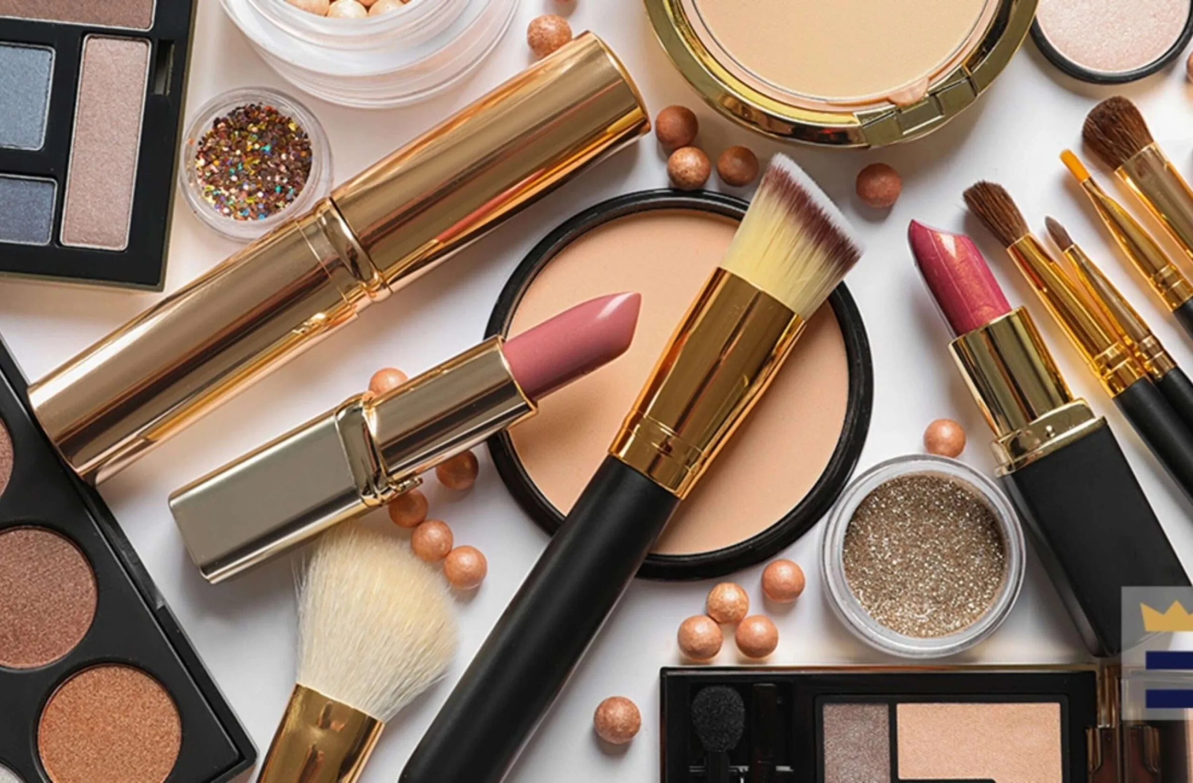 Lipsticks, face powders, brushes and eyeshadow palettes arranged on a white surface.