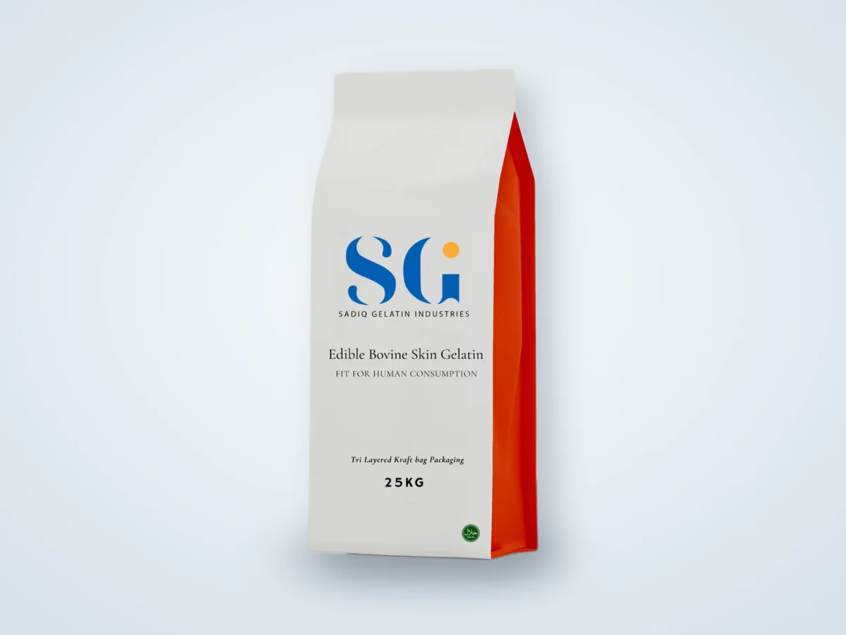 The 25 kg tri-layer kraft paper bag, printed with the SG logo and 'Edible Bovine Skin Gelatin'.